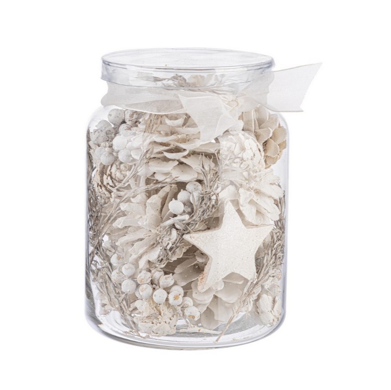 Vaso in vetro contenente potpourri misto invernale, ideale come centrotavola o decorazione per l'inverno